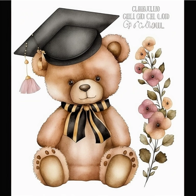 cute watercolour Teddy bear graduate flowers, black and gold, Clipart isolated,