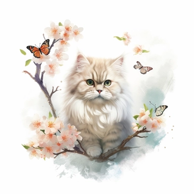 A persian cat sitting proudly on a spring branch, with a few butterflies flying, looking off into the camera, with a few spring leaves framing the scene, watercolor by Liu Yi, clipart, solid background, 8k