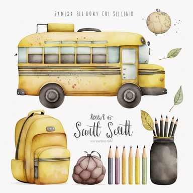 soft watercolor clipart set, school bus, bag, big pencil with globe, cute, only white background