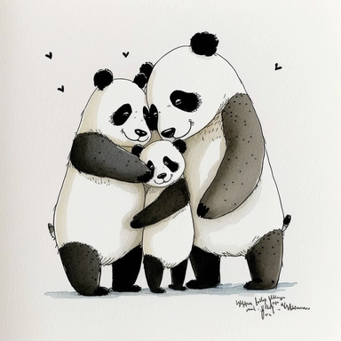 watercolor and ink drawing of a portrait of a family of three happy panda bears, one mom bear, one dad bear, one baby bear, clipart, embracing each other, cute pose, cartoon, doodle, happy, smiling, beautiful watercolor ink wash coloring, thick pencil lines, quentin Blake, Adrian tomine, popular on etsy, watercolor illustrations clipart, watercolor illlustrations for kids and children, book illustrations, plain white background