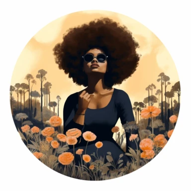 llustration of black woman, with an afro, boho modern aesthetic, cottagecore, avacadopunk, surrounded by florals, sitting in a meadow, flawless line work, low detail, clipart, white background