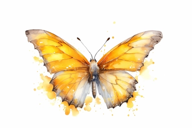 Watercolor, Generate an image of a Little Yellow butterfly in mid-flight, showcasing its delicate wings and vibrant yellow color, clipart, hd, on a white background, spaced out