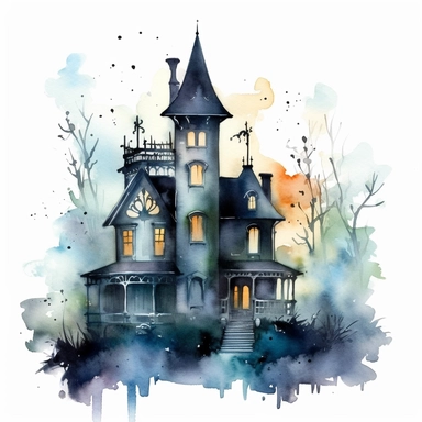 watercolor clipart showcasing a spooky gothic house nestled in a moonlit forest, the houses appearing as if they were taken from a fairy tale, adorned with ornate balconies, turrets, and ivy-covered walls, their silhouettes casting elongated shadows on the mist-covered ground below, the forest enveloped in an otherworldly glow, watercolor painting, ethereal washes of color capturing the magical atmosphere,