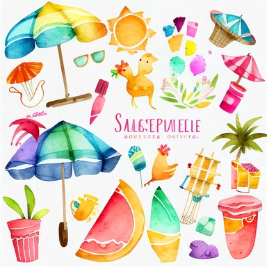 Please create a series of watercolor clipart illustrations featuring different items related to summer. Each illustration should be drawn in a charming and playful style that captures the beauty and vibrancy of the season. Items to include can be beach umbrellas, flip flops, sunglasses, ice cream cones, sandcastles, and seashells. Please use a coherent color palette that is bright, cheerful, and evokes the feeling of warmth and sunshine. Colors that are associated with summer, such as yellows, o