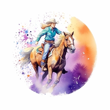 barrel racer illustration, nebular mix background, clipart, photorealistic illustration, watercolor, high detail, 8k polished, 8k, vibrant colors, sticker, majestic, die cut, white background