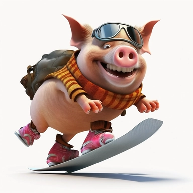 animal sow snowboarding , smiling, full body, downhill snowboard clipart, Sport graphics, 8k polished, isolated on white background, 3d, rendered by pixar