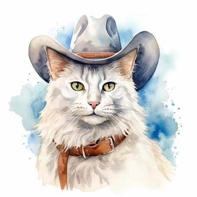 Turkish Angora Cat with cowboy hat, watercolor, sharp illustration clipart, insane detail, white background