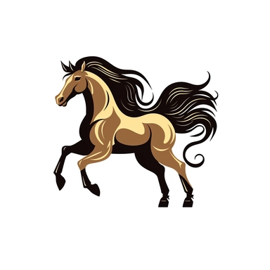 Clip Art, 2d, Flat Vector, DARK BROWN ARABIAN Breed Horse With BLACK Extremely long thick Mane LOGO on White Background, NO TEXT, NO WATERMARK,