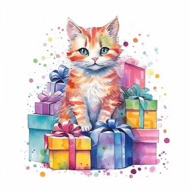 please create watercolor clipart of a cat, smiling, wearing party clothes with birthday presents, vibrant colors,intricate details, isolated on white background, vivid colors, hdr, 8k