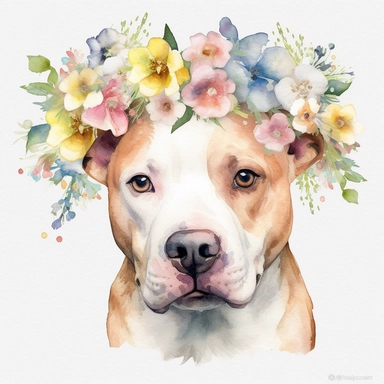 watercolor pencil Floral Baby pitbull dog Clipart, a single cute Floral Baby pitbull dog,floral on head, bright, white background, dreamy, Studio Ghibli,no shadows, true colors,Free-cut on an all-white background, no shadows, no typography