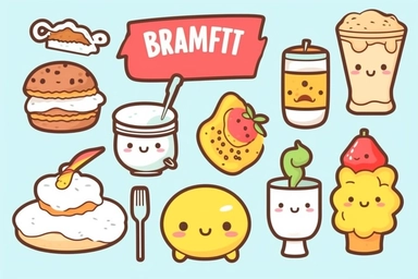 kawaii breakfast food clipart set, in the style of kawaii street art, text and emoji installations, loose linework, kawaii art, clipart, vector, minimal, white background