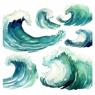beautiful watercolor blue green ocean waves clipart on white background