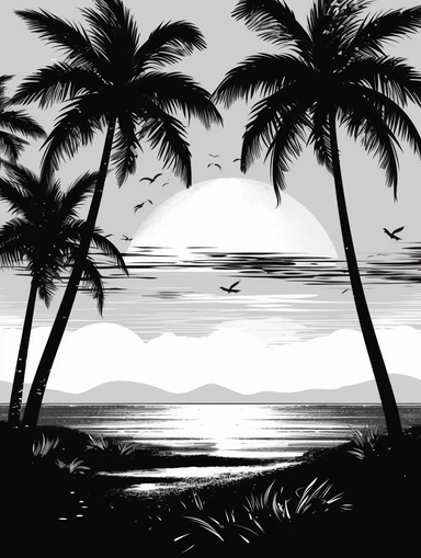 silhouette of seaside with palms, sea and sun, black and white, vector, clipart