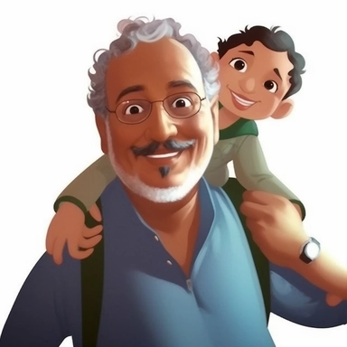 happy, healthy 50 year old grandfather holding a cute 2 year old boy who has curly hair on his shoulders. clipart disney style