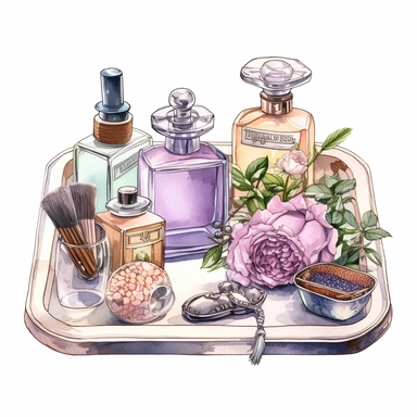 watercolor, hyper realistic, white background, white margins, 16k, ultra detailed clipart, cut out image, hand-drawn An antique-inspired vanity tray with vintage perfume bottles arranged on it, accompanied by a mirror, a brush, and other beauty accessories. Use soft and muted colors such as dusty rose, antique gold, lavender, and sage green for a vintage-inspired palette