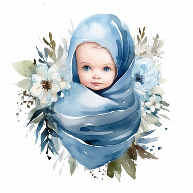 an ultra cute baby boy wrapped in a blue blanket, flower bomb, summer, Watercolor white background clipart
