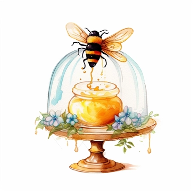 whimsical watercolour clip art honey cupcake under a glass dome with bee decorations