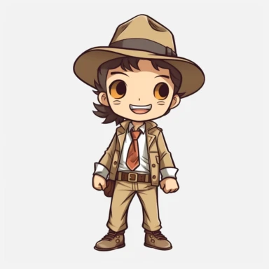 young indiana jones, full body, standing, happy, bright colored, clipart, kawaii, black outline, white background
