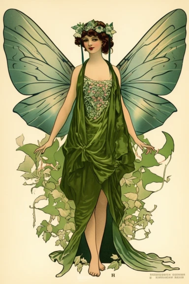 Vintage 1920 Symmetrical Fully Clothed Female Fairy with Large green Wings on its back Illustration, Chromolithograph, 1920s Illustration, Vintage, Antique, Ephemera, Clipart, 8k, on a vintage magazine cover