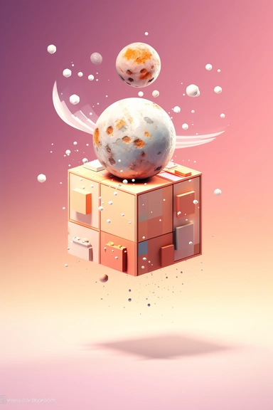 clipart of a cube-shaped moon floating mid air, peach and pink colors, off-white colored background, dreamlike lighting, digital illustration, illustration, surrealism,