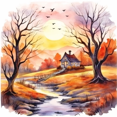 isolated illustration of a fantasy autumn halloween landscape scene, watercolor illustration, high resolution clipart, isolated on white background