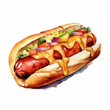 A watercolor clipart of a hotdog, white background