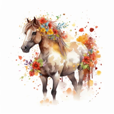 colorful Horse, full-body portrait, in frame, background frame, inside the background frame, (Mustang - Brown with a wild, untamed look), Watercolor Clipart, massive flowers splash, LUSH, flowers splash, full Illustration, ((white background)), 4k, sharp focus, watercolor, smooth soft skin, japanese style, symmetrical, soft lighting, detailed face, concept art, muted colors, watercolor style, children's style fairy tales, Octane rendering, 3d, Perfect face, detailed face, delicate face, perfect 