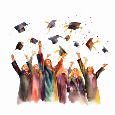 watercolor style, Graduation hat toss: Clipart showing a group of graduates throwing their caps in the air, celebrating the completion of their studies. clipart, isolated on white background, 4K