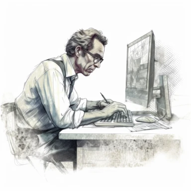 man owrking at computer desk in office in the style of digital airbrushing, realistic yet stylized, digitally enhanced, clipart, 32k uhd, detailed crosshatching white background