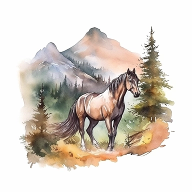 watercolor style, horse with the mountain forest in the back clipart, isolated on white background, hd