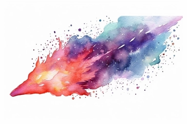 Watercolor, Design a comet with a tail that sparkles like a cosmic ruby clipart, hd, on a white background, spaced out