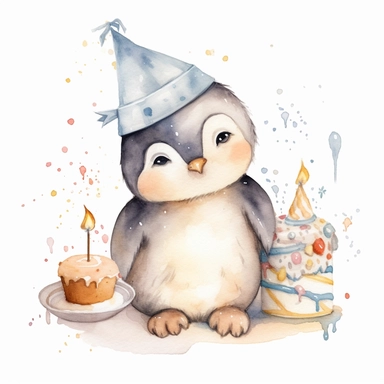 cute watercolor newborn soft beige baby penguin toy smiling with stars and birthday cake, watercolor effect, isolated white background, babyshower clipart, soft beige tones