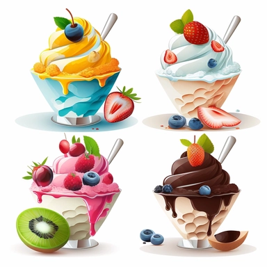 clipart set of ice cream in a cup, fruit, eye-catching composition, modern, summer, free brushwork, white background