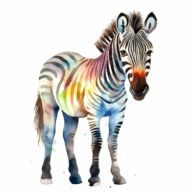 a colorful zebra with kind eyes clipart with watercolor illustration,full body shot,8k,etsy style, white background