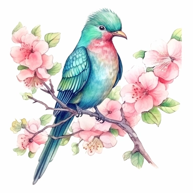 Resplendent Quetzal sits on a sakura branch on a white background, illustration in watercolor style, drawing done in professional glazing technique, expressive details, realistic drawing technique, saturated colors, harmony with nature, pronounced contours, clipart, a masterpiece, white background