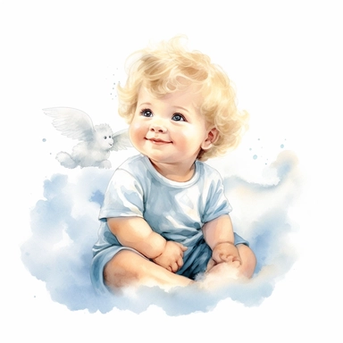 delightful watercolor image, full body adorable newborn baby angel boy on white background, she is sitting on a cloud in blue shirt and smiling gently. He has sparkling blue eyes twinkled with wonder and blond curls on her head, professional watercolor clipart, high resolution