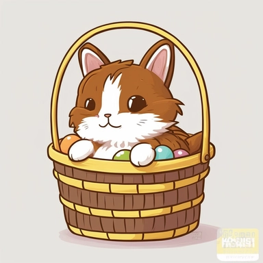 clipart of very cute brown and white van kitten, playing in a basket full of easter eggs, solid white background, in the style of mary blair, vintage disney animation style
