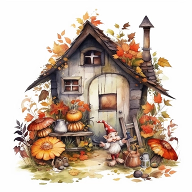 Watercolor, Gnomes Cute, Cottage Garden Shed autumn Flower, clipart, on a white background.