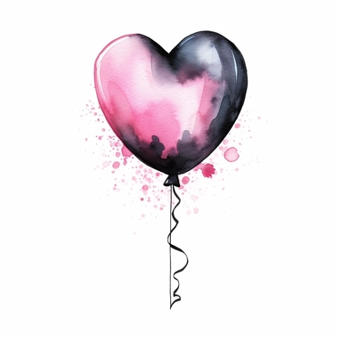 Watercolor pink and black birthday heart shape balloon drawing, illustration clipart, high detailed, white background, digital art