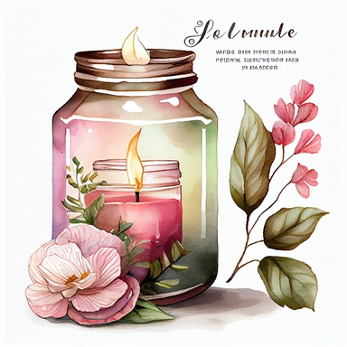 watercolor, hyper realistic, white background, white margins, 16k, ultra detailed clipart, cut out image, hand-drawn A vintage-style clipart featuring a scented candle jar, exuding a warm glow and emitting a fragrant aroma.Use soft and muted colors such as dusty rose, dark rose pink, and sage green for a vintage-inspired palette.