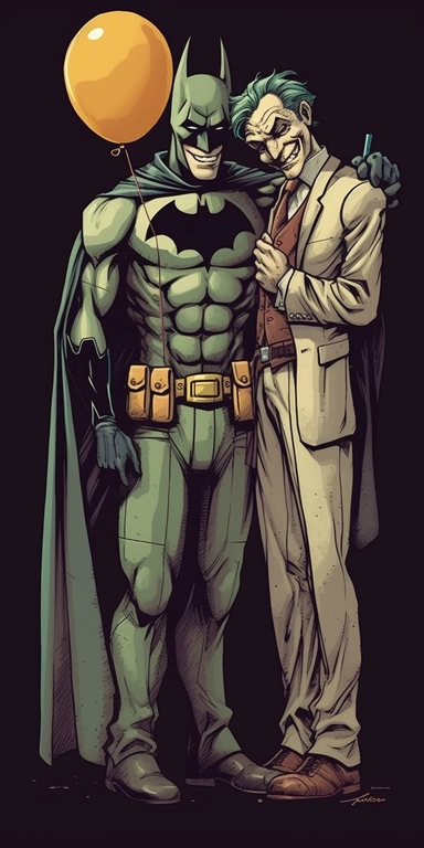 Nice clip art, colorful drawing, standing as best friend batman and joker from movie are very happy, celebrate birthday,