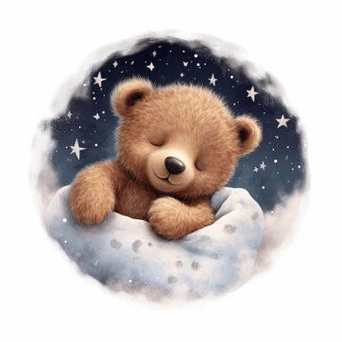 Cute teddy bear illustration, realistic adorable teddy bear sleeping on a soft moon surrounded by stars, sleepy happy clipart, nursery style clipart, Nursery Animals Art, Kids Wall Art, Kids Room Decor, Baby Room Decor, isolated on white, ultra - detailed, high quality, ghibli style, award winning
