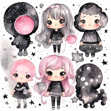 watercolor funny create kawaii marbled black ,silver, pink chibi school spirit clipart, isolated on white background,space out--ar3:2--s1000