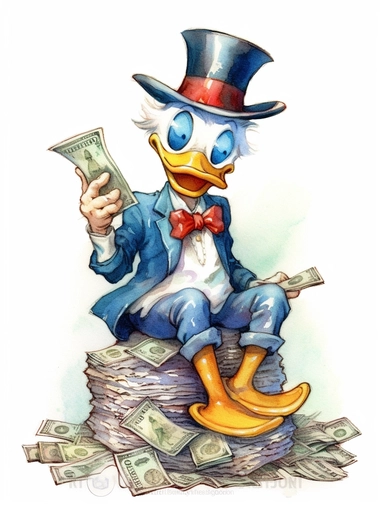 watercolour CLIP ART, Colourful Fantasy,clear black background,Donald duck seems very rich having cigar in his mouth and sitting on money and wearing a giant hat and boots,--v 4