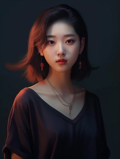 This is a portrait photo, a high-profile photography work, studio, solid color background, 20 years old Chinese girl, the girl is beautiful, best quality, 8K, bright, front lighting, face shot, fine cluster, very depleted, realistic, illustrative painter, Deco art, Oil painting on canvas, beautiful painting by Daniel F Gerhartz, The girl has a bright smile on her face She is wearing a blue shirt with a cut bowtie on it. She has a pretty hair clip on her head