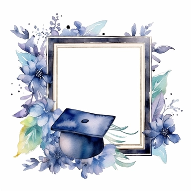 frame with graduation caps and flowers, watercolor style, clipart