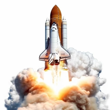 Clipart, A space shuttle launching from Earth with a trail of smoke, hyperrealistic, hyper high definition