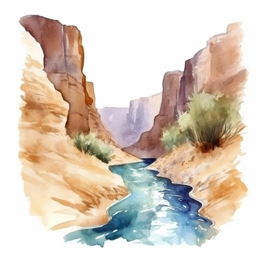 A watercolor painting of a canyon with a river flowing through it, Watercolor clipart, isolated on white background