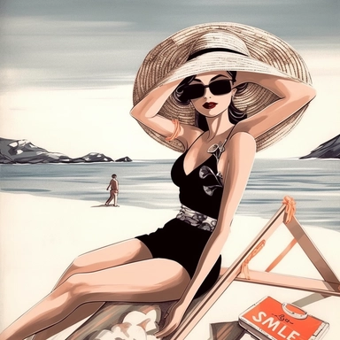 portrait view, full view, clipart illustration, beautiful lady sunbathing on beach, exact image, sharp focus, high detail, (--iw 5)