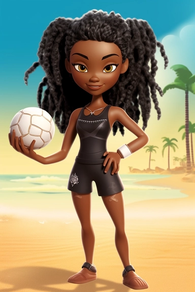 3D toy teenager black girl long braided hair wearing a girls volleyball outfit holding volleyball in hands in the style of boondocks clipart, graphic vector, isolated on a beach background
